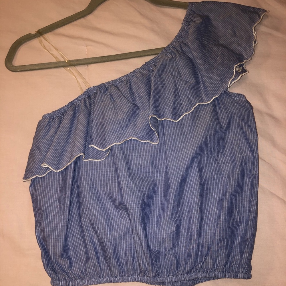 American Rag One Shoulder Ruffle Blue Crop Top - Picture 2 of 6